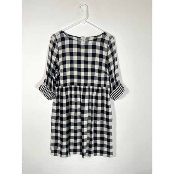 J. Jill Gingham Double Cloth Dress Roll Tab Sleeve Button Back Black & White - Picture 4 of 16
